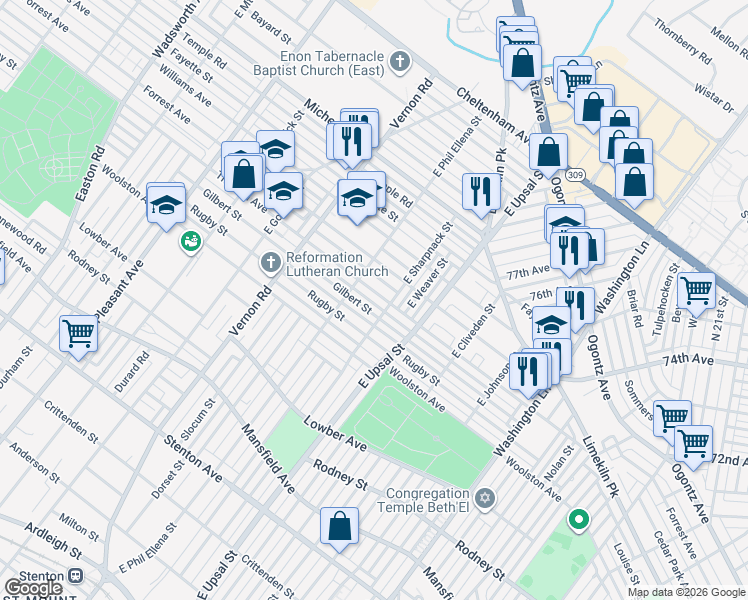 map of restaurants, bars, coffee shops, grocery stores, and more near 7829 Gilbert Street in Philadelphia