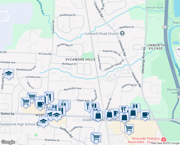 map of restaurants, bars, coffee shops, grocery stores, and more near 5425 Rockport Street in Columbus