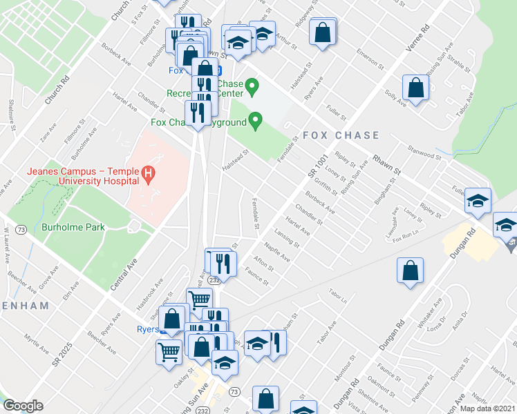 map of restaurants, bars, coffee shops, grocery stores, and more near 7737 Ferndale Street in Philadelphia
