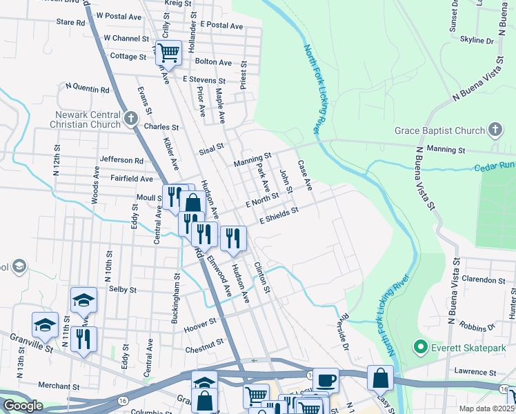 map of restaurants, bars, coffee shops, grocery stores, and more near 61 East North Street in Newark