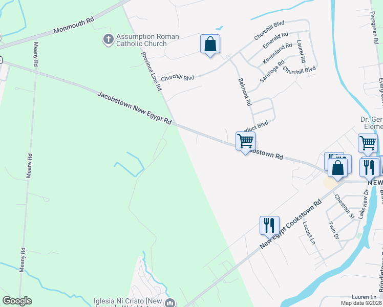 map of restaurants, bars, coffee shops, grocery stores, and more near 102 Jacobstown Road in Plumsted