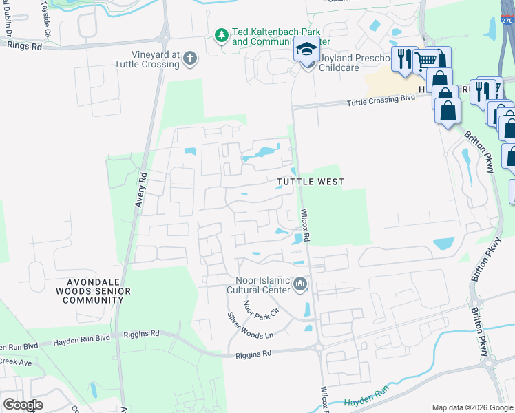 map of restaurants, bars, coffee shops, grocery stores, and more near 4969 Stratford Pine Lane in Dublin