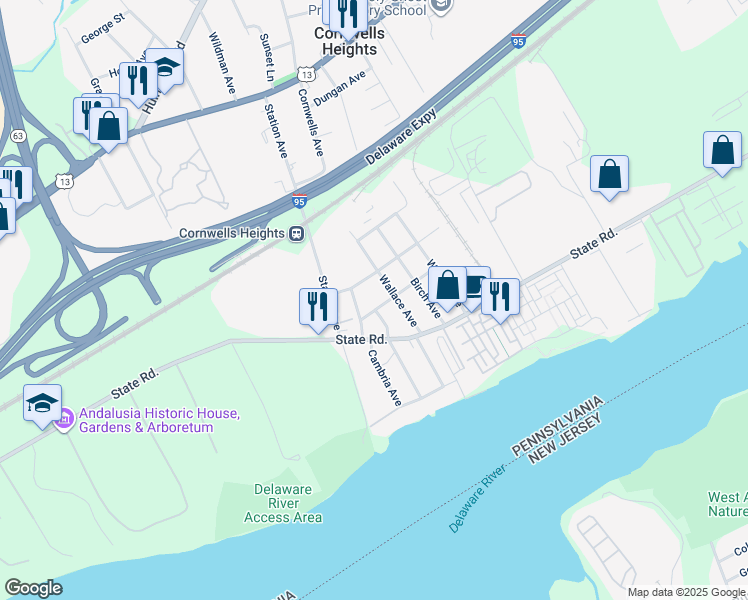 map of restaurants, bars, coffee shops, grocery stores, and more near 2106 Maryland Avenue in Bucks County