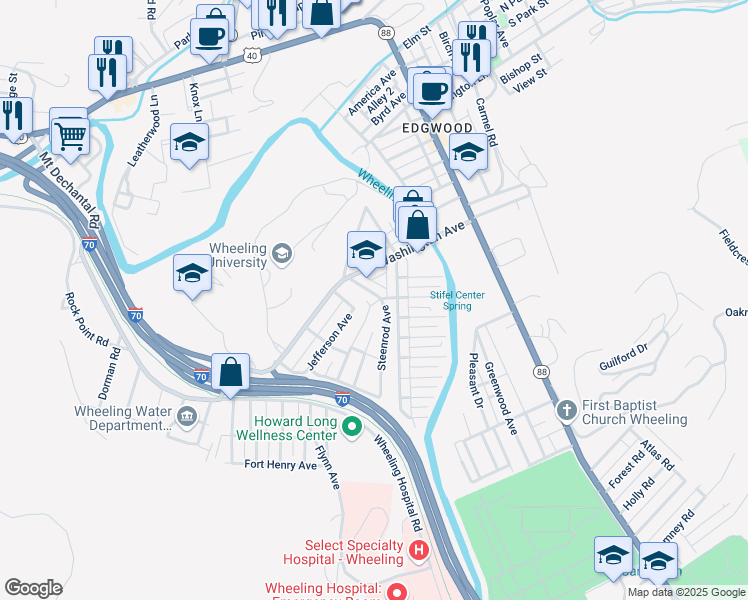 map of restaurants, bars, coffee shops, grocery stores, and more near 200 Betty Street in Wheeling