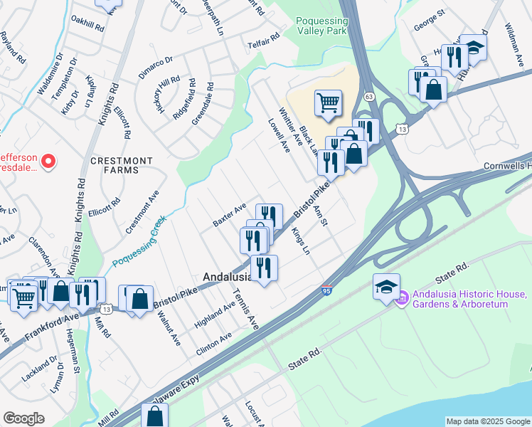 map of restaurants, bars, coffee shops, grocery stores, and more near 1046 Poquessing Avenue in Bensalem