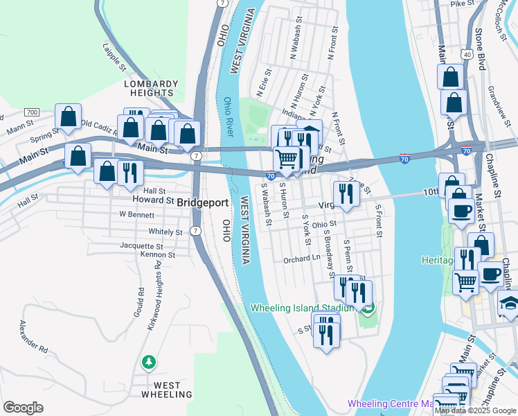 map of restaurants, bars, coffee shops, grocery stores, and more near 135 Virginia Street in Wheeling