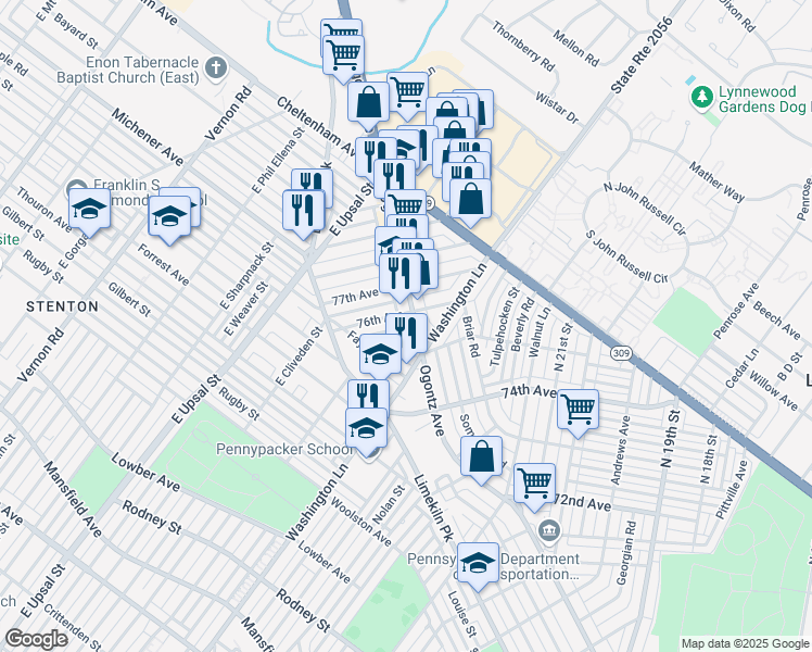 map of restaurants, bars, coffee shops, grocery stores, and more near 7516 Ogontz Avenue in Philadelphia
