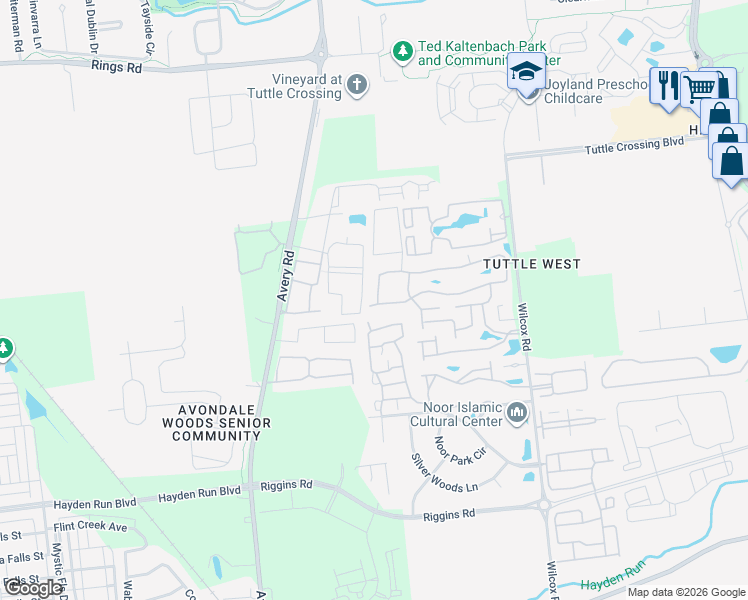 map of restaurants, bars, coffee shops, grocery stores, and more near 5733 Lake Placid Lane in Dublin