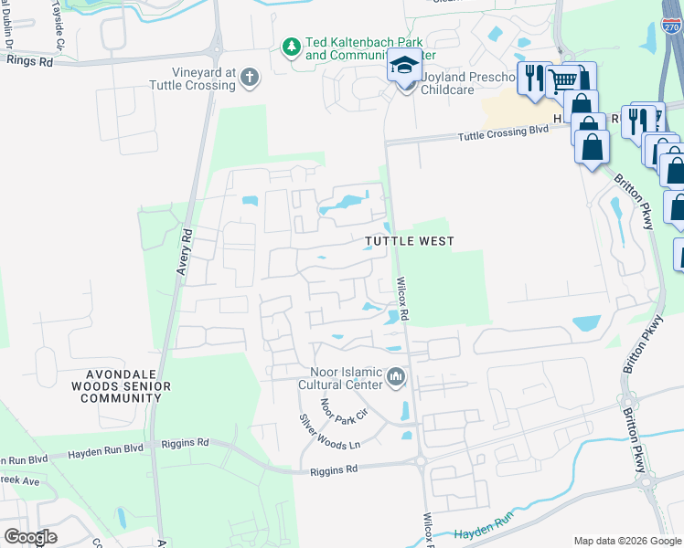 map of restaurants, bars, coffee shops, grocery stores, and more near 4969 Stratford Pine Lane in Dublin