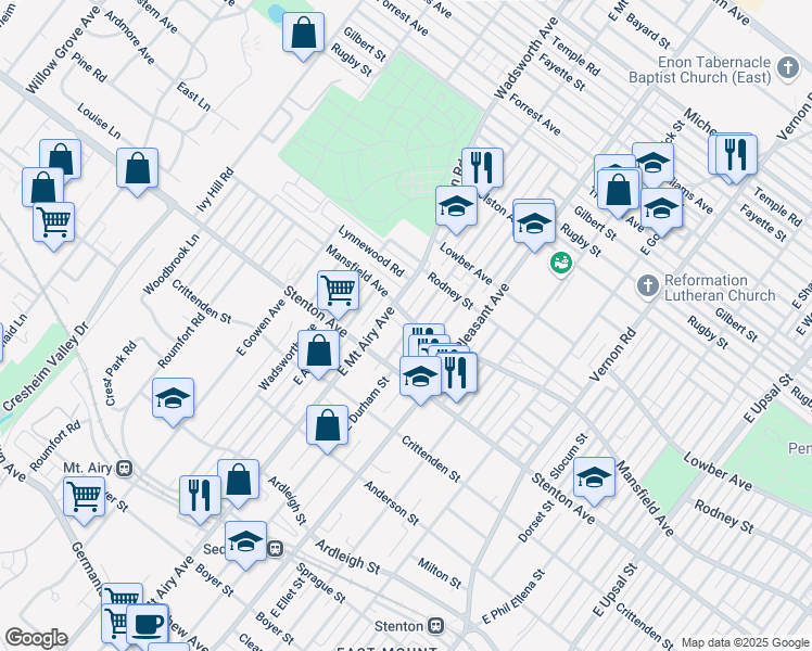 map of restaurants, bars, coffee shops, grocery stores, and more near 8236 Mansfield Avenue in Philadelphia