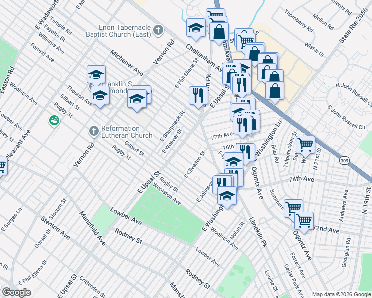 map of restaurants, bars, coffee shops, grocery stores, and more near 7624 Williams Avenue in Philadelphia