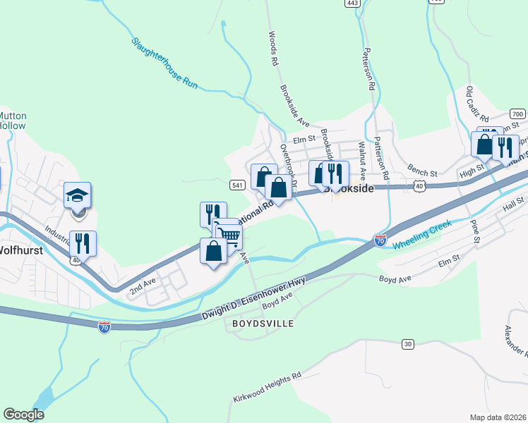 map of restaurants, bars, coffee shops, grocery stores, and more near 56300 National Road in Bridgeport