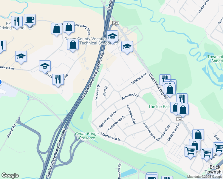 map of restaurants, bars, coffee shops, grocery stores, and more near 26 Lakeland Drive in Brick Township