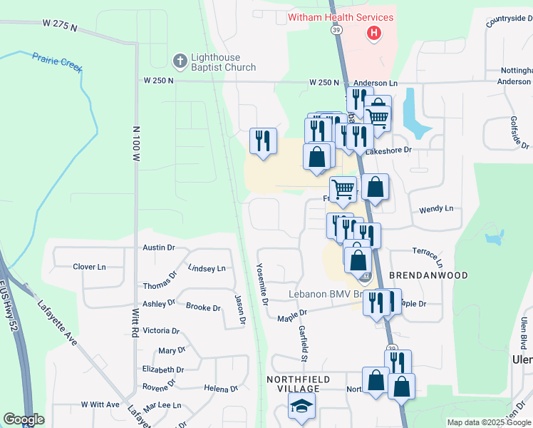 map of restaurants, bars, coffee shops, grocery stores, and more near 2375 Shaker Lane in Lebanon