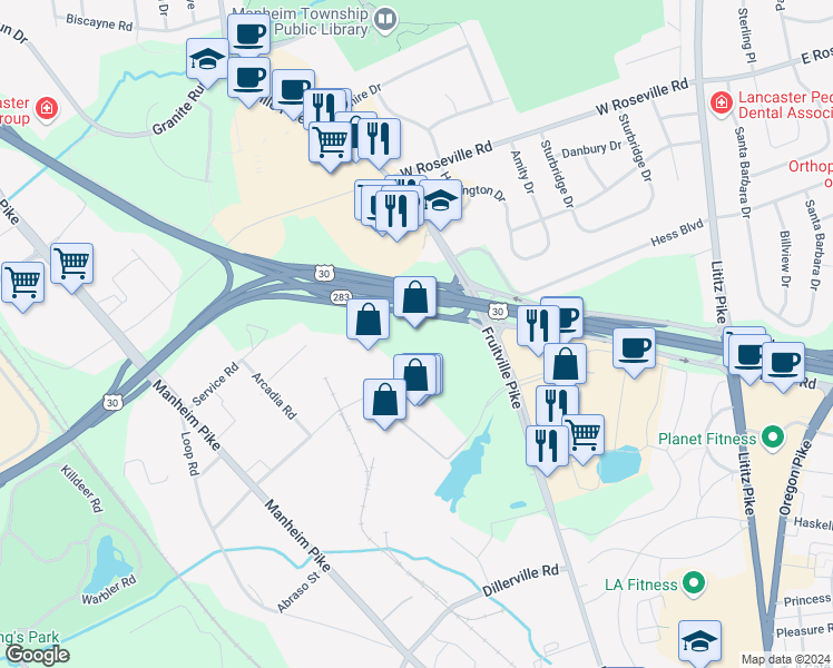 map of restaurants, bars, coffee shops, grocery stores, and more near 1700 Fruitville Pike in Lancaster
