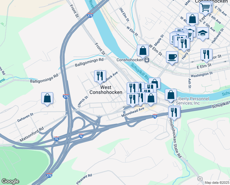 map of restaurants, bars, coffee shops, grocery stores, and more near 115 Cedar Avenue in Conshohocken
