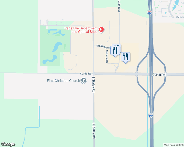 map of restaurants, bars, coffee shops, grocery stores, and more near County Road 1300 N in Champaign