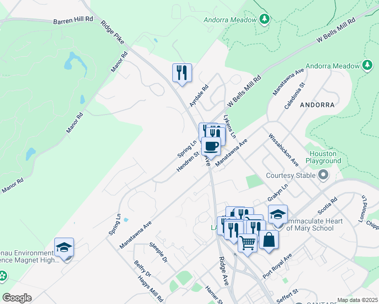 map of restaurants, bars, coffee shops, grocery stores, and more near 730 Spring Lane in Philadelphia