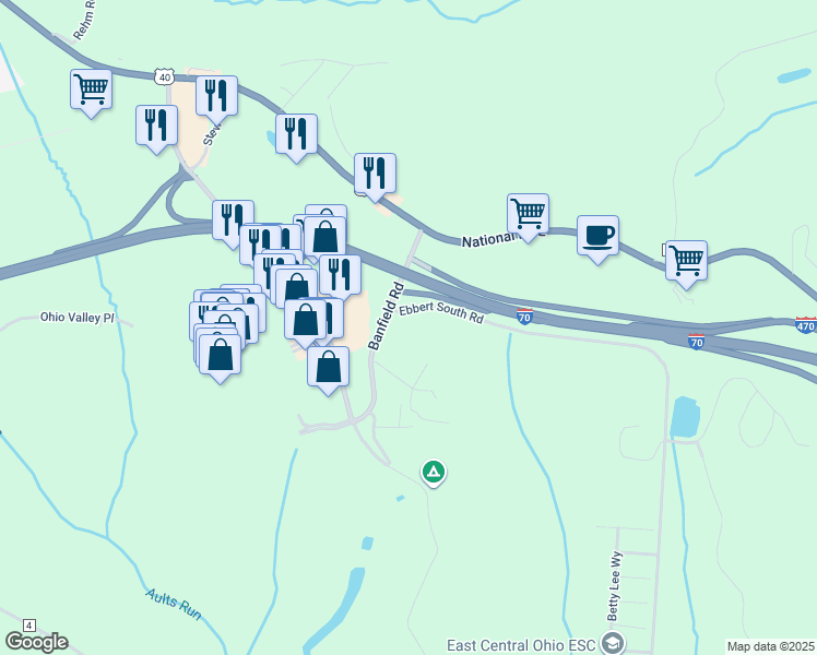 map of restaurants, bars, coffee shops, grocery stores, and more near 67999 Banfield Road in St. Clairsville