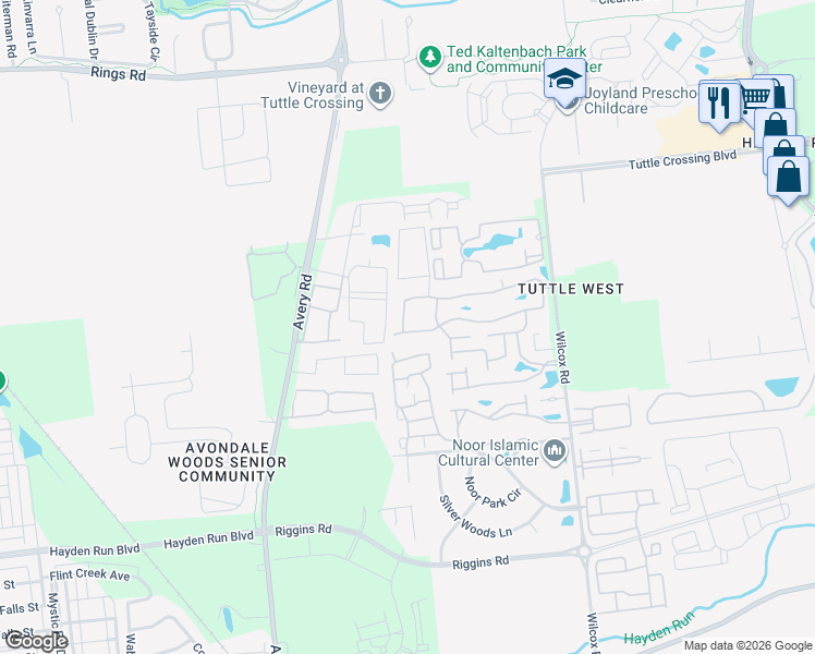 map of restaurants, bars, coffee shops, grocery stores, and more near 5733 Lake Placid Lane in Dublin