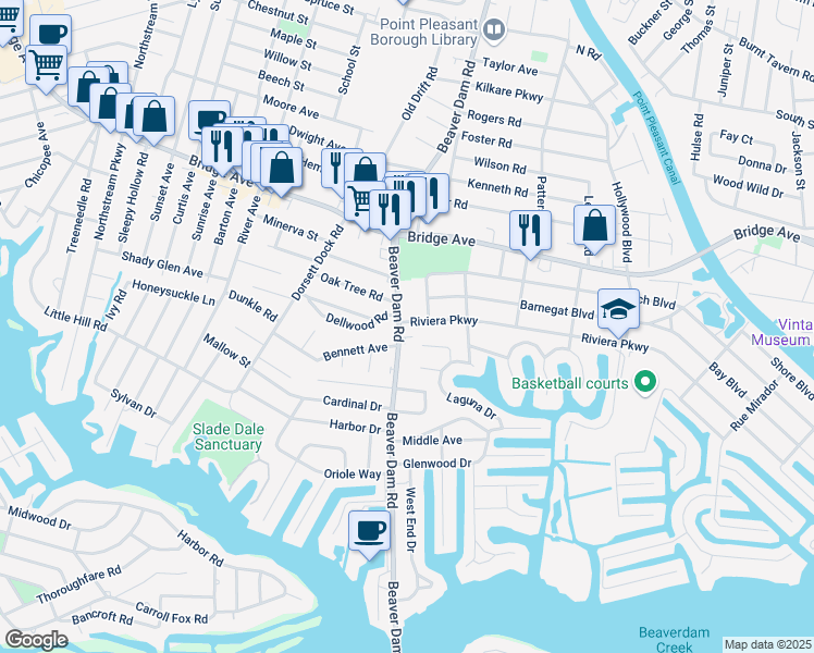 map of restaurants, bars, coffee shops, grocery stores, and more near 1504 Beaver Dam Road in Point Pleasant