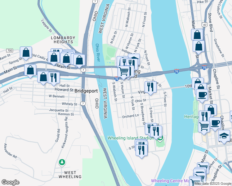 map of restaurants, bars, coffee shops, grocery stores, and more near 135 Virginia Street in Wheeling