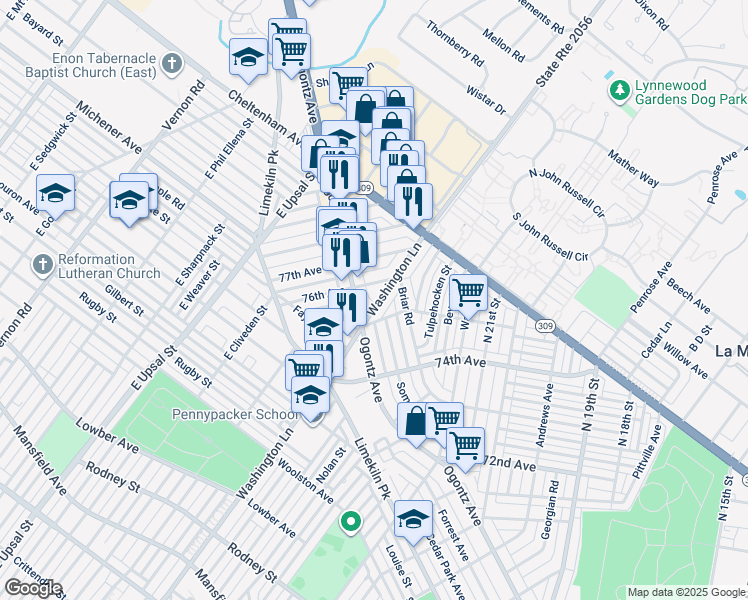 map of restaurants, bars, coffee shops, grocery stores, and more near 2115 Washington Lane in Philadelphia