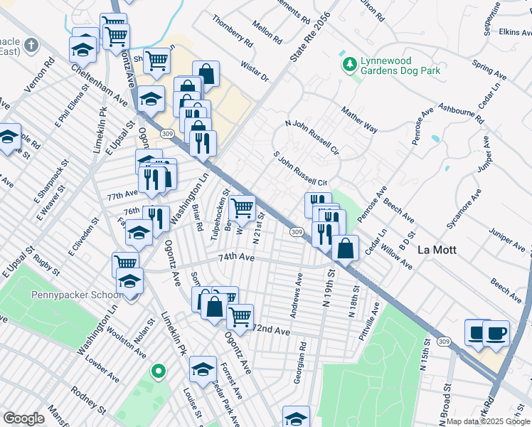 map of restaurants, bars, coffee shops, grocery stores, and more near 2016 West Cheltenham Avenue in Philadelphia