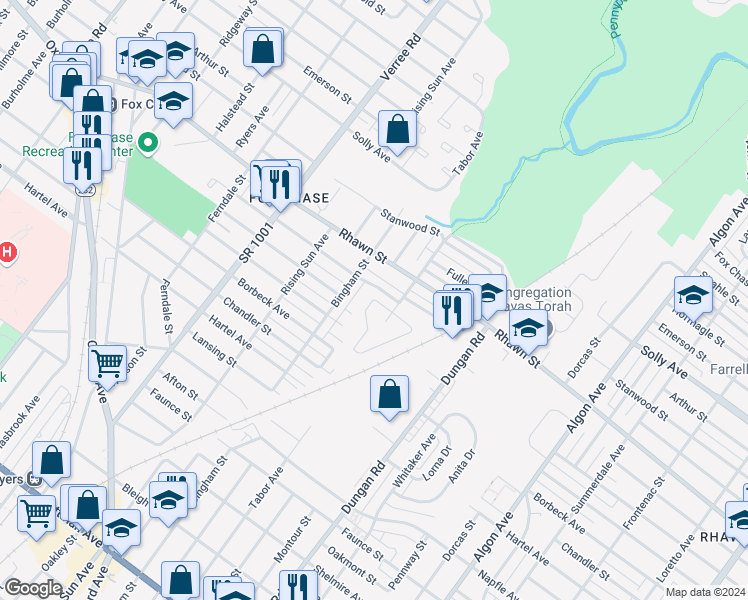 map of restaurants, bars, coffee shops, grocery stores, and more near 8015 Lawndale Avenue in Philadelphia