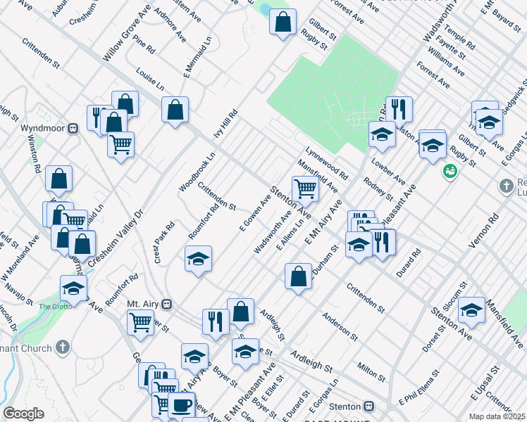map of restaurants, bars, coffee shops, grocery stores, and more near 404 East Gowen Avenue in Philadelphia