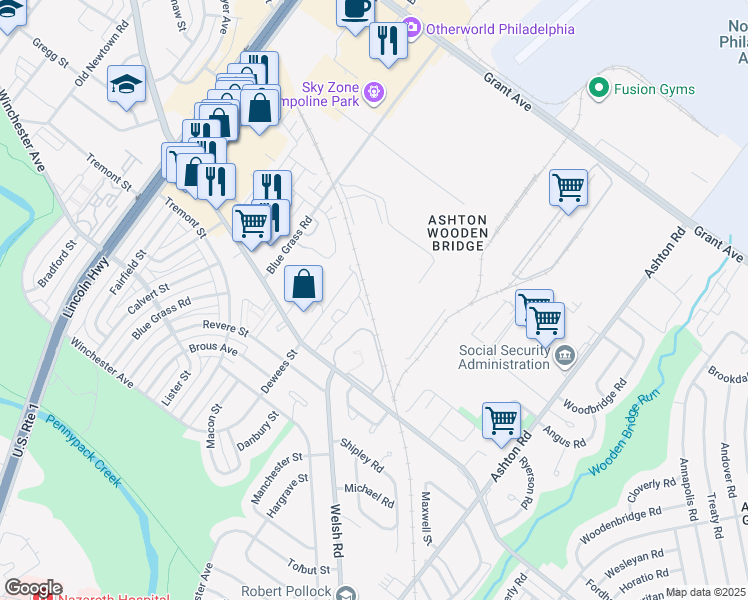 map of restaurants, bars, coffee shops, grocery stores, and more near 2641 Brook Lane in Philadelphia