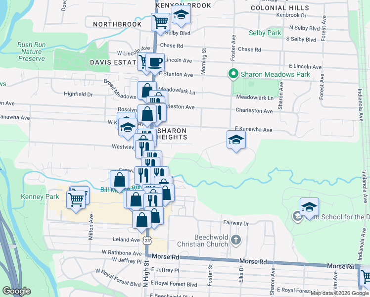 map of restaurants, bars, coffee shops, grocery stores, and more near 87 Sunnyside Lane in Columbus