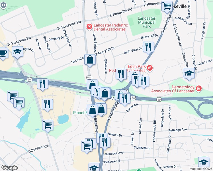 map of restaurants, bars, coffee shops, grocery stores, and more near 1646 Santa Barbara Drive in Lancaster