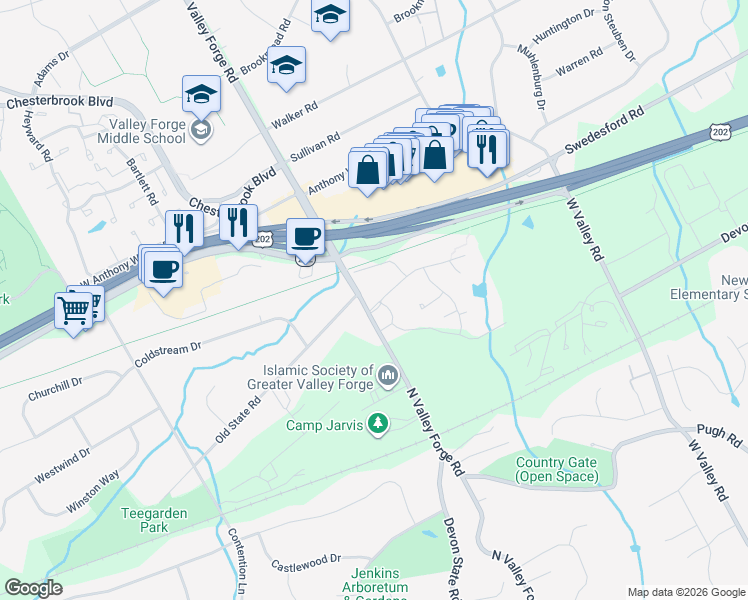 map of restaurants, bars, coffee shops, grocery stores, and more near 42 Old Forge Crossing in Devon