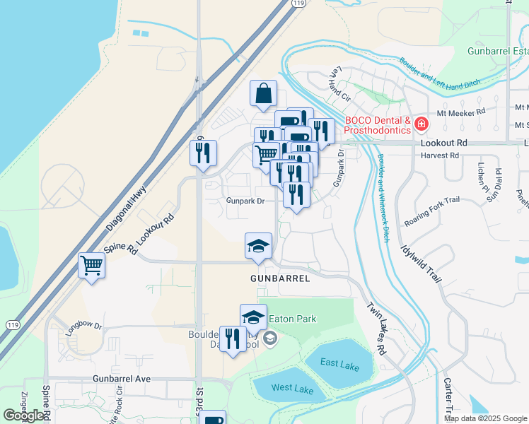 map of restaurants, bars, coffee shops, grocery stores, and more near 6450 Gunpark Drive in Boulder
