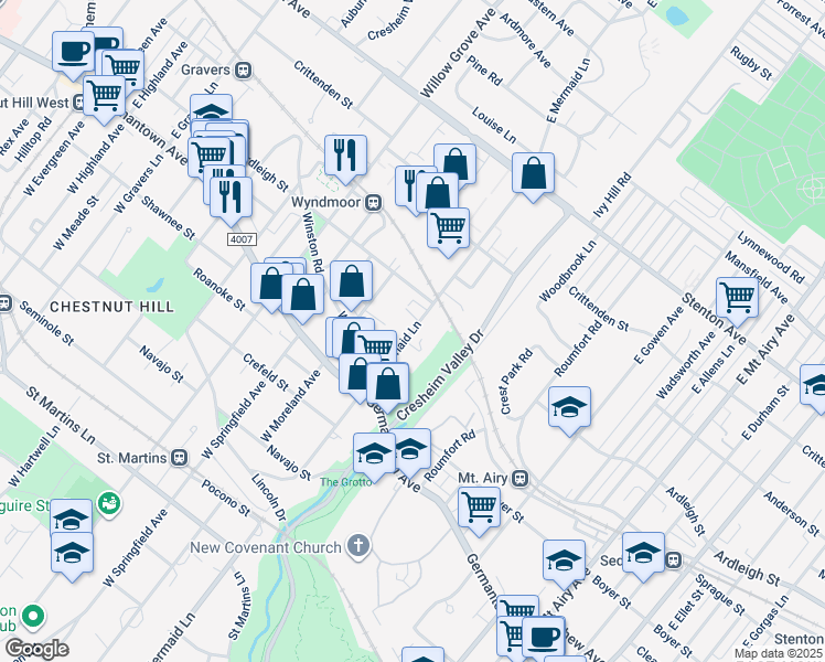 map of restaurants, bars, coffee shops, grocery stores, and more near 102 E Mermaid Ln in Philadelphia