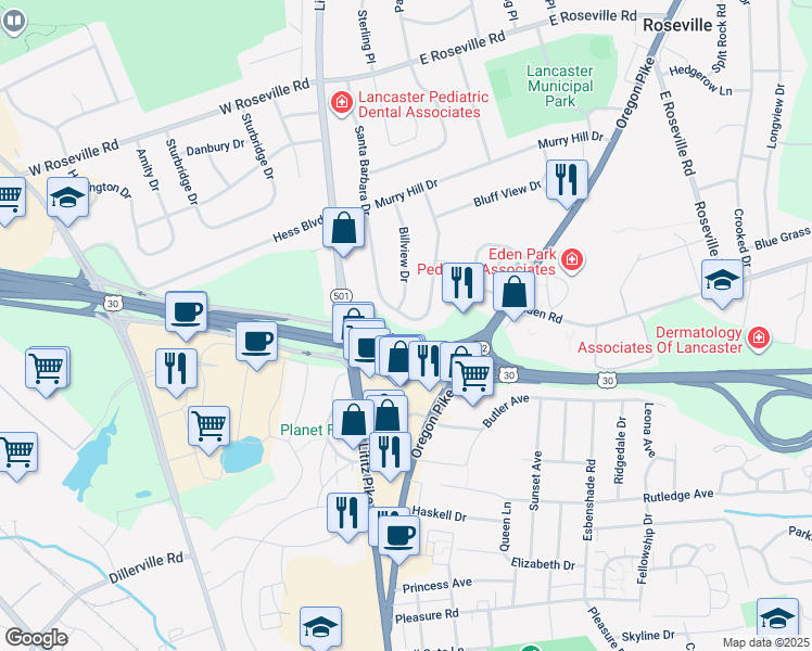 map of restaurants, bars, coffee shops, grocery stores, and more near 1646 Santa Barbara Drive in Lancaster