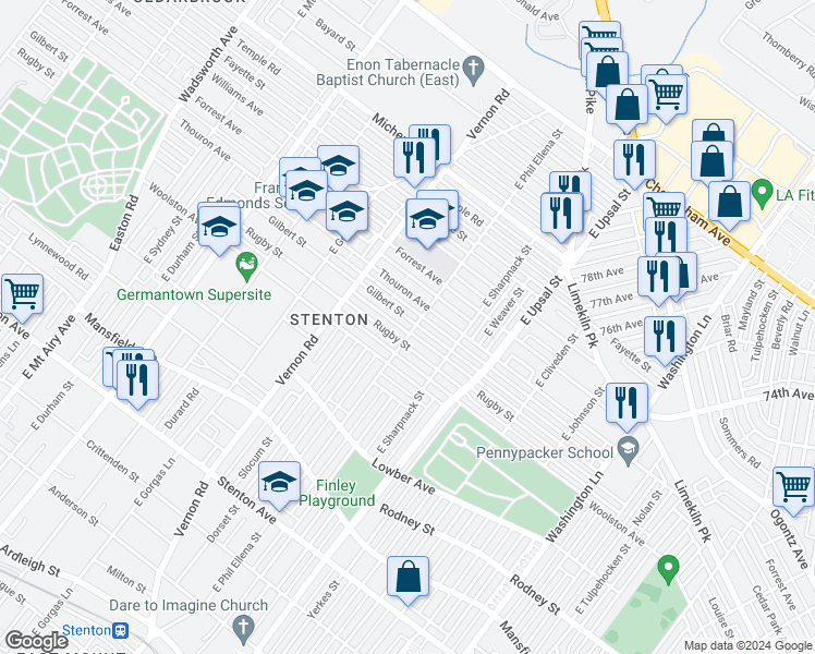 map of restaurants, bars, coffee shops, grocery stores, and more near 7900 Gilbert Street in Philadelphia