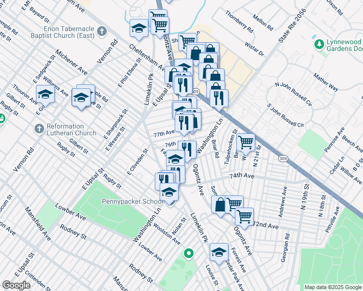 map of restaurants, bars, coffee shops, grocery stores, and more near 2420 76th Avenue in Philadelphia