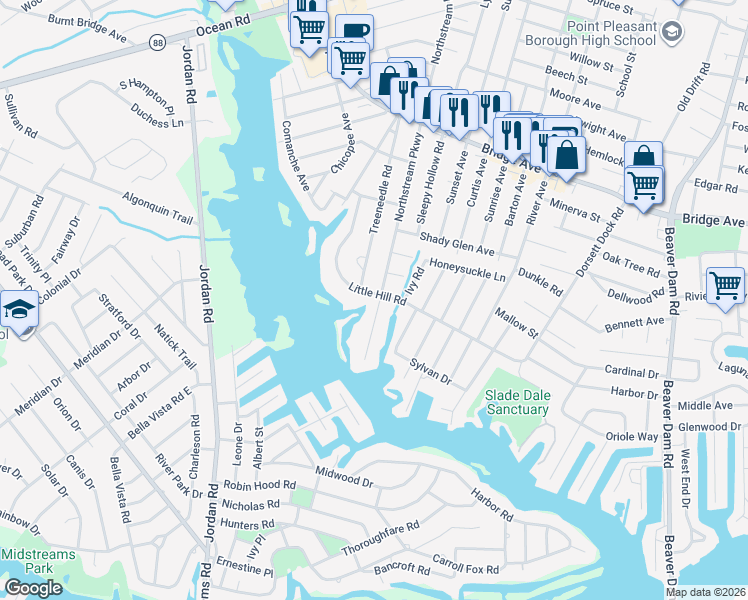 map of restaurants, bars, coffee shops, grocery stores, and more near 1601 Northstream Parkway in Point Pleasant