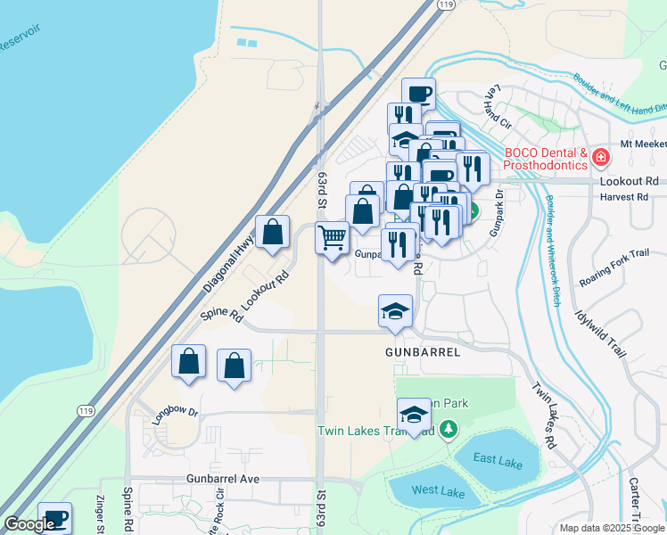 map of restaurants, bars, coffee shops, grocery stores, and more near 6350 Gunpark Drive in Boulder