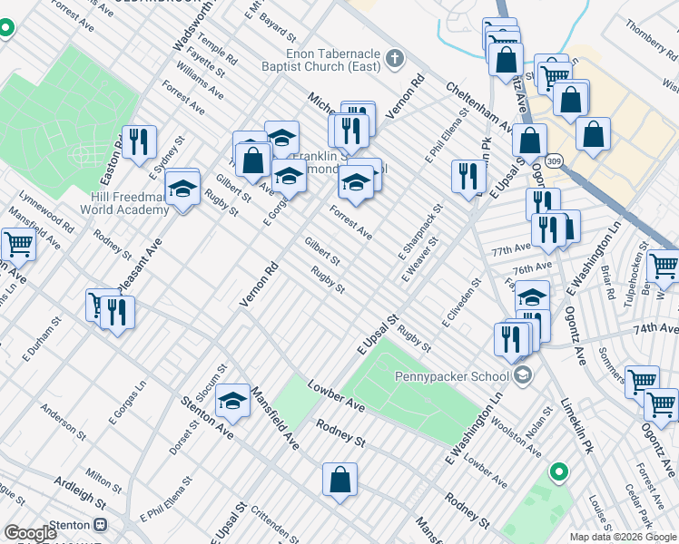 map of restaurants, bars, coffee shops, grocery stores, and more near 7911 Rugby Street in Philadelphia