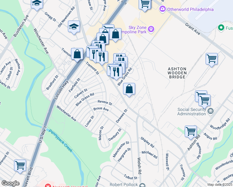 map of restaurants, bars, coffee shops, grocery stores, and more near 2630 Welsh Road in Philadelphia