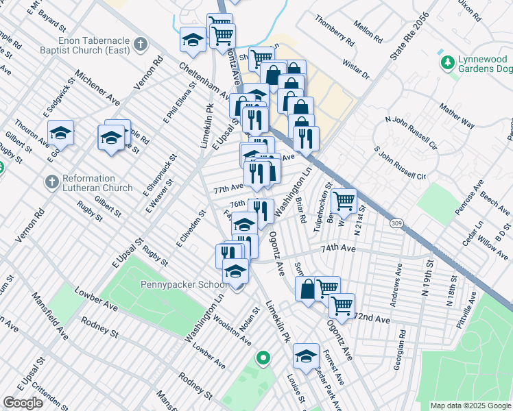 map of restaurants, bars, coffee shops, grocery stores, and more near 7516 Ogontz Avenue in Philadelphia