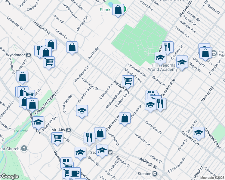 map of restaurants, bars, coffee shops, grocery stores, and more near 617 Wadsworth Avenue in Philadelphia