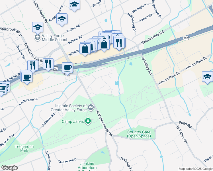 map of restaurants, bars, coffee shops, grocery stores, and more near 423 Old Forge Crossing in Devon