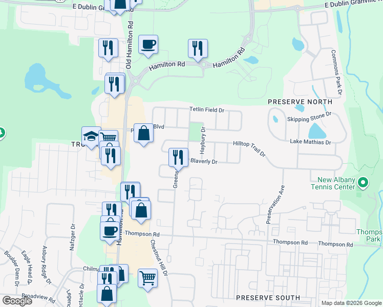map of restaurants, bars, coffee shops, grocery stores, and more near 4400 Greensbury Drive in New Albany