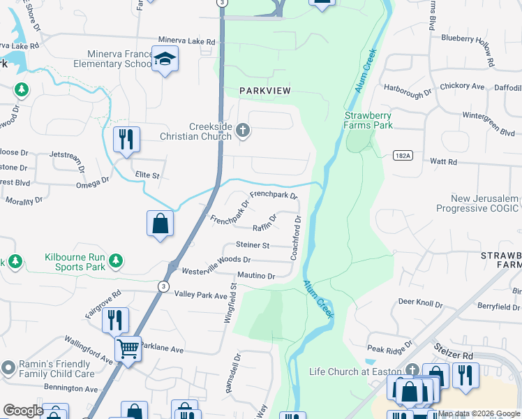 map of restaurants, bars, coffee shops, grocery stores, and more near 3506 Headford Court in Columbus