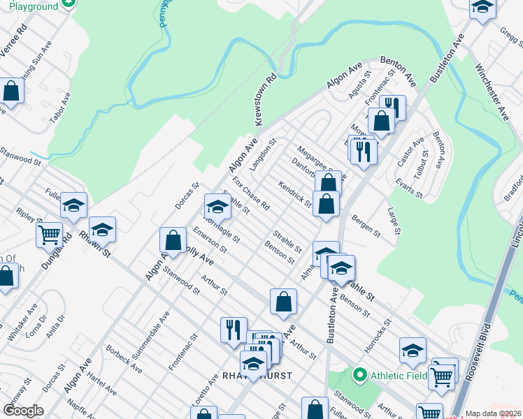 map of restaurants, bars, coffee shops, grocery stores, and more near 1722 Fox Chase Road in Philadelphia