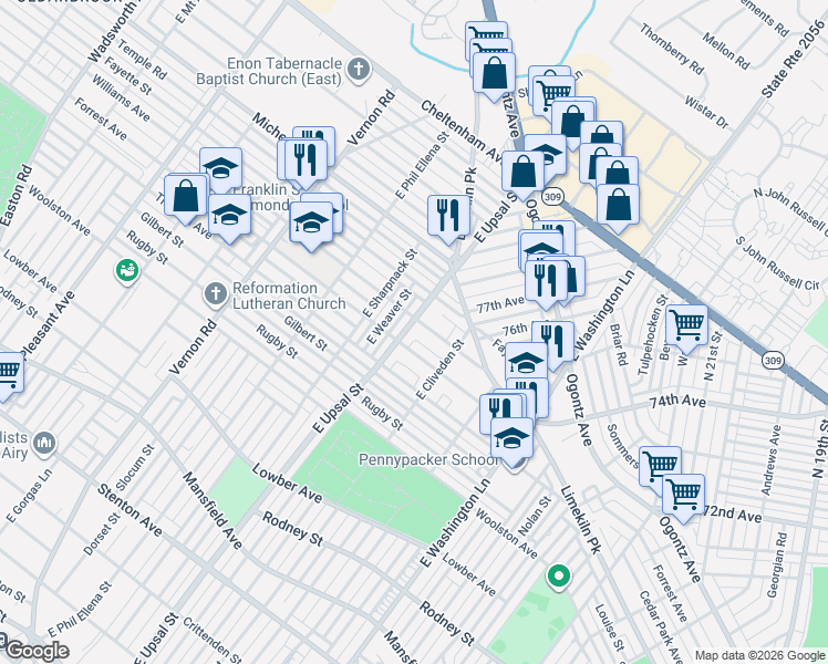 map of restaurants, bars, coffee shops, grocery stores, and more near 1325 East Upsal Street in Philadelphia